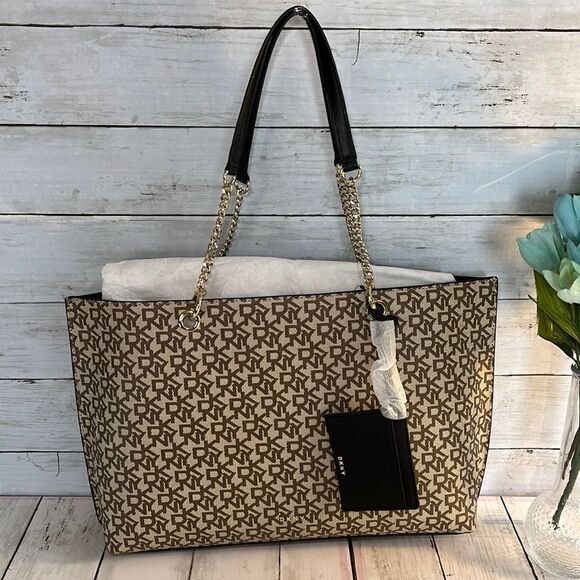 DKNY Logo Brown Beige Claryce Tote Bag Purse with Mini Wallet Card Holder - Picture 1 of 7